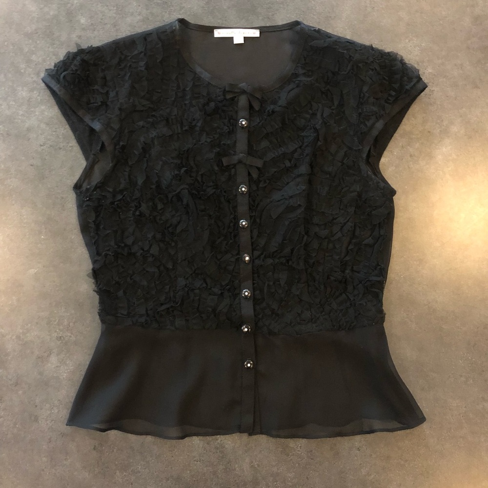 Nanette Lepore sheer black ribbon blouse.